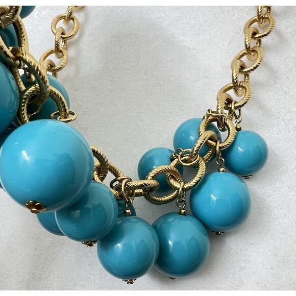 Vintage Kenneth Jay Lane Chunky Turquoise Blue & Gold Beaded Dangle Necklace 30” - Picture 6 of 8